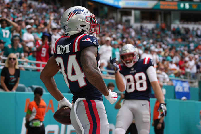 Oct 29, 2023; Miami Gardens, Florida, USA; New England Patriots wide receiver Kendrick Bourne (84) celebrates after scoring a touchdown against the Miami Dolphins during the first half at Hard Rock Stadium.